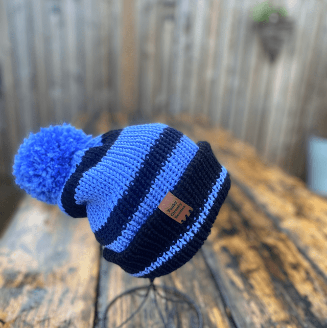 Funky Chunky Bobble Hat - Cornflower Blue & Black - Handmade in Scotland