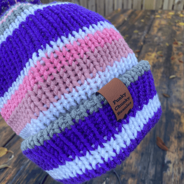 💜 Funky Chunky Bobble Hat – Purple, Rose & Grey Mix – Handmade in Scotland