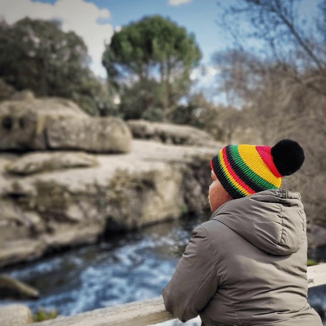 🔥 Funky Chunky Bobble Hat – Tropical Heat ~ Black, Red, Yellow & Green with Faux-Fur Pom – Handmade in Scotland