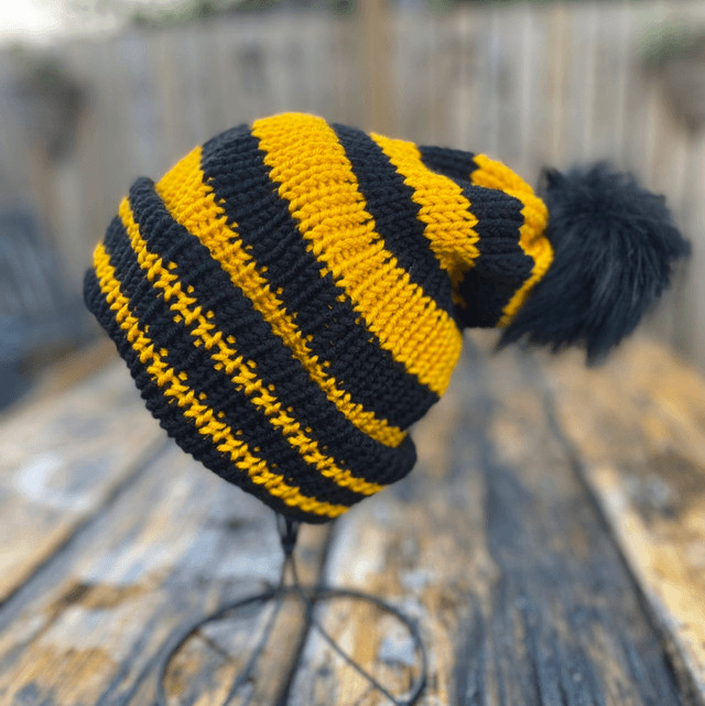 🐝 Funky Chunky Bobble Hat – Honeybee Yellow & Black Stripes with Removable Faux-Fur Pom – Handmade in Scotland