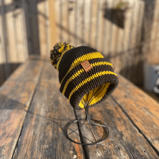 Funky Chunky Bobble Hat - Black & Mustard Gold - Handmade in Scotland