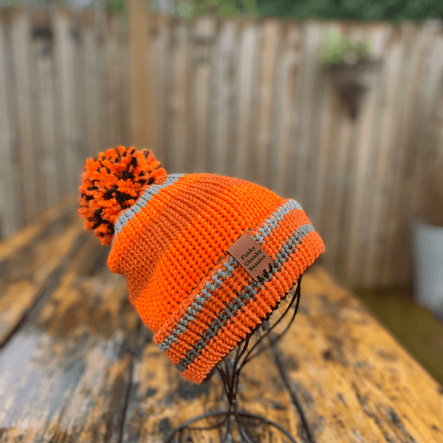 🧡 Funky Chunky Bobble Hat – Orange & Grey – Handmade in Scotland