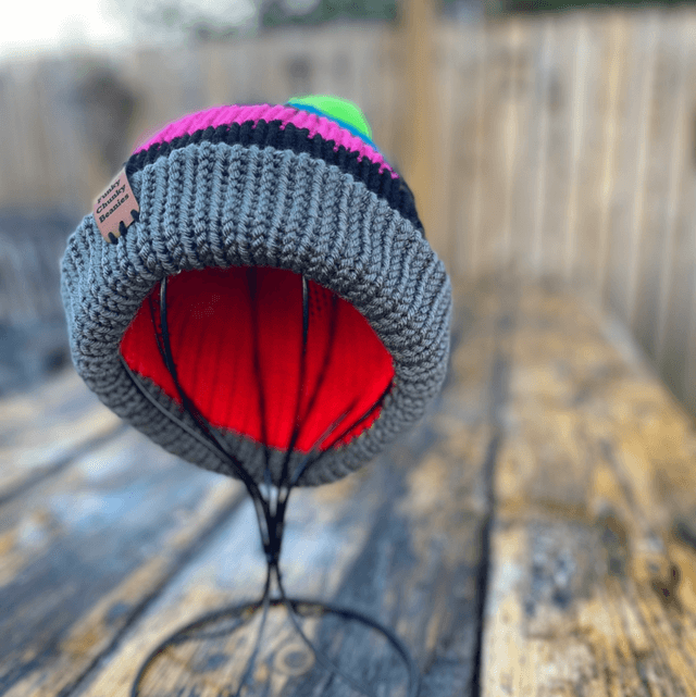 Tweenie beanie, 90’s revival. Lime green faux fur pom, pink and blue stripe