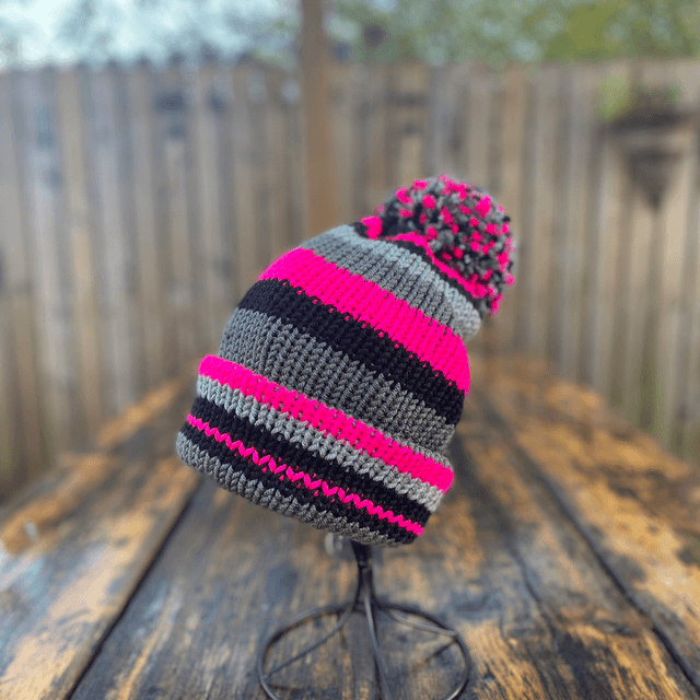 Funky Chunky Bobble hat – Hot Pink & Storm Grey - Handmade in Scotland