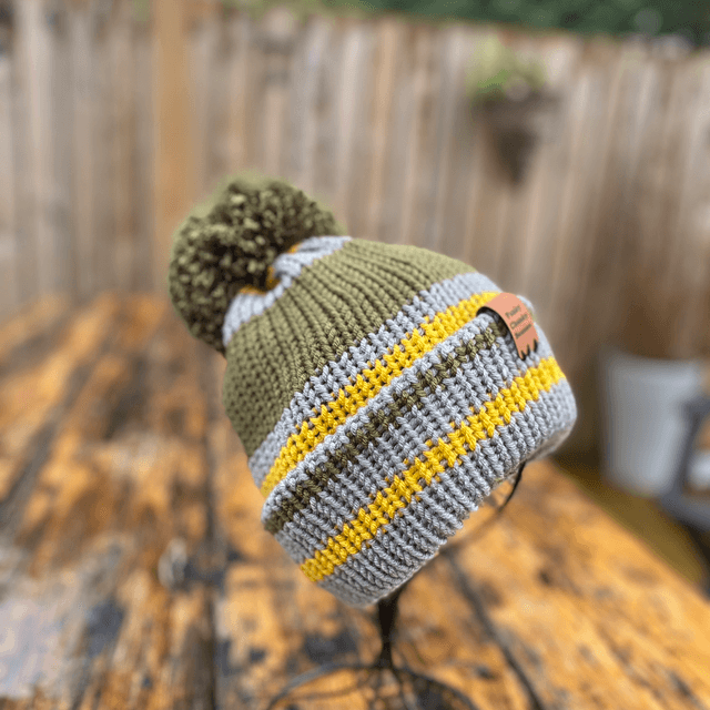 🍂 Funky Chunky Bobble Hat – Khaki, Grey & Mustard Gold – Handmade in Scotland