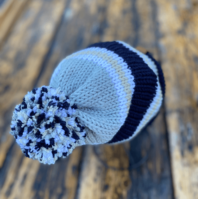 🌿 Funky Chunky Bobble Hat – Navy, Sage Green & Cream Stripe – Handmade in Scotland