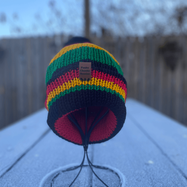🔥 Funky Chunky Bobble Hat – Tropical Heat ~ Black, Red, Yellow & Green with Faux-Fur Pom – Handmade in Scotland