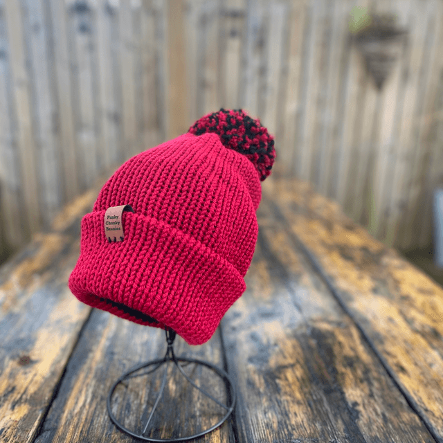 Funky Chunky Bobble Hat - Cherry Red - Handmade in Scotland