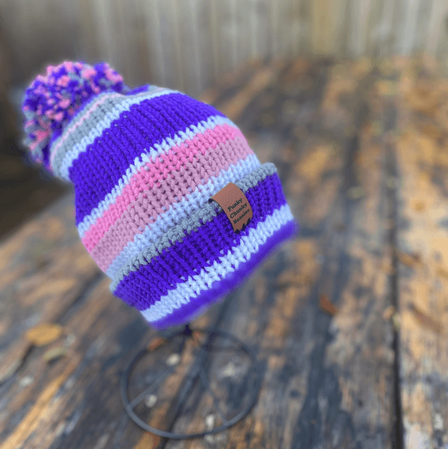 💜 Funky Chunky Bobble Hat – Purple, Rose & Grey Mix – Handmade in Scotland