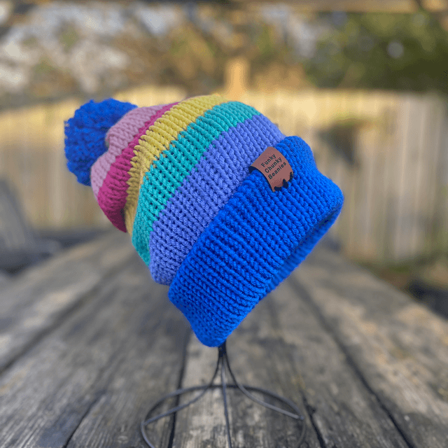 Funky Chunky beanies Bobble hat Retro Rainbow – Handmade in Scotland 