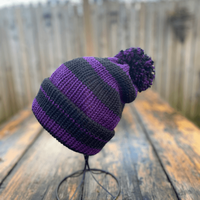 Funky Chunky Bobble Hat – Dark Academia Purple & Black - Handmade in Scotland