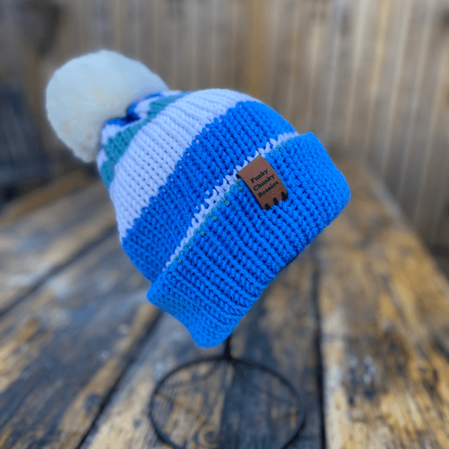 ❄️Funky Chunky Bobble Hat – Ice Blue & Snow White with Faux Fur Pom - Handmade in Scotland