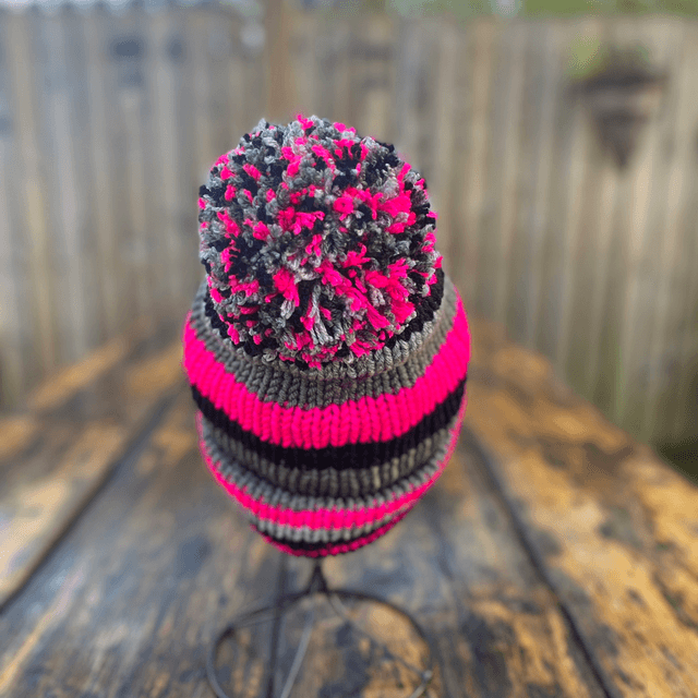 Funky Chunky Bobble hat – Hot Pink & Storm Grey - Handmade in Scotland