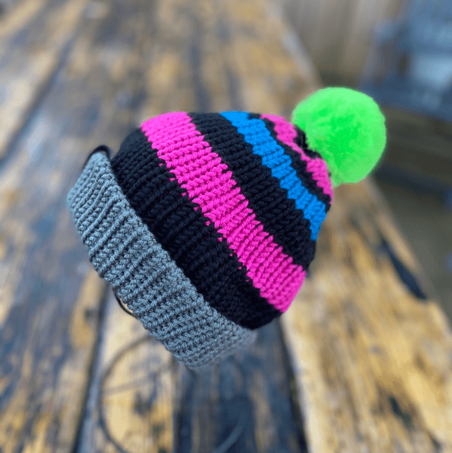 Tweenie beanie, 90’s revival. Lime green faux fur pom, pink and blue stripe