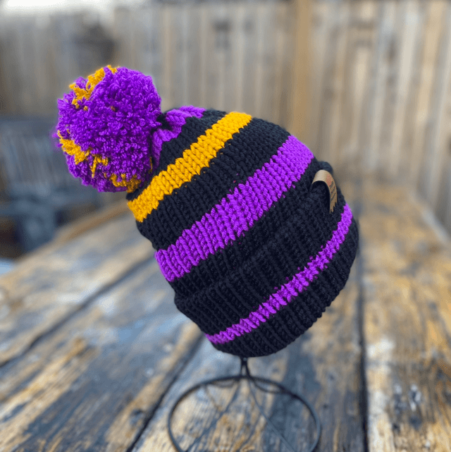 💜 Funky Chunky Bobble Hat – Purple, Black & Golden Yellow – Handmade in Scotland