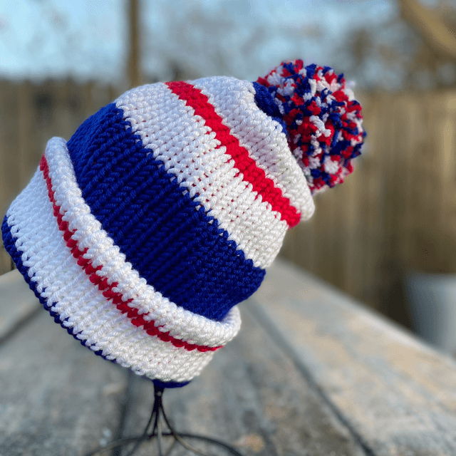 Funky Chunky Bobble Hat – Royal Red, White & Blue - Handmade in Scotland