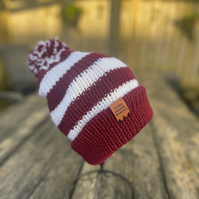 🤎 Funky Chunky Bobble Hat – Deep Maroon & Winter White - Handmade in Scotland