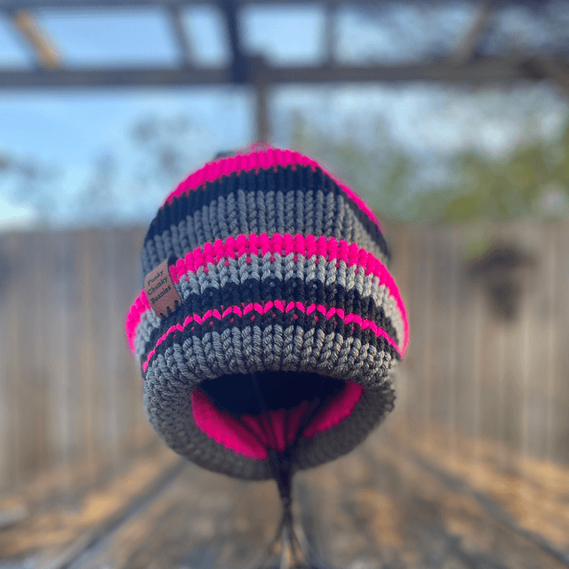 Funky Chunky Bobble hat – Hot Pink & Storm Grey - Handmade in Scotland