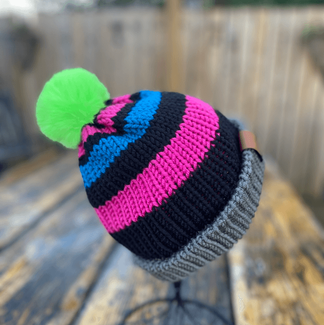 Tweenie beanie, 90’s revival. Lime green faux fur pom, pink and blue stripe