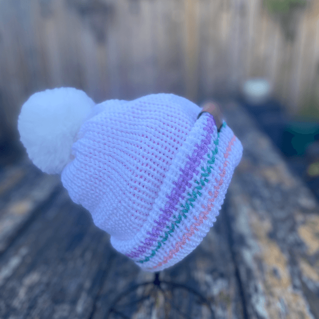Funky Chunky Beanies - Bobble hat - Ice White and Rose with a removable fau-fur pom - Hand Made in Scotland