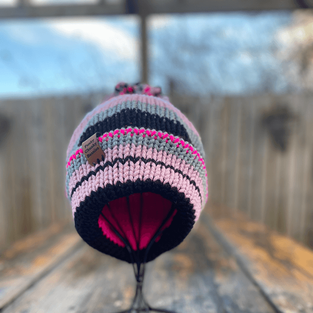 💕 Funky Chunky Bobble Hat – Dusky Rose & Grey Mist - Handmade in Scotland