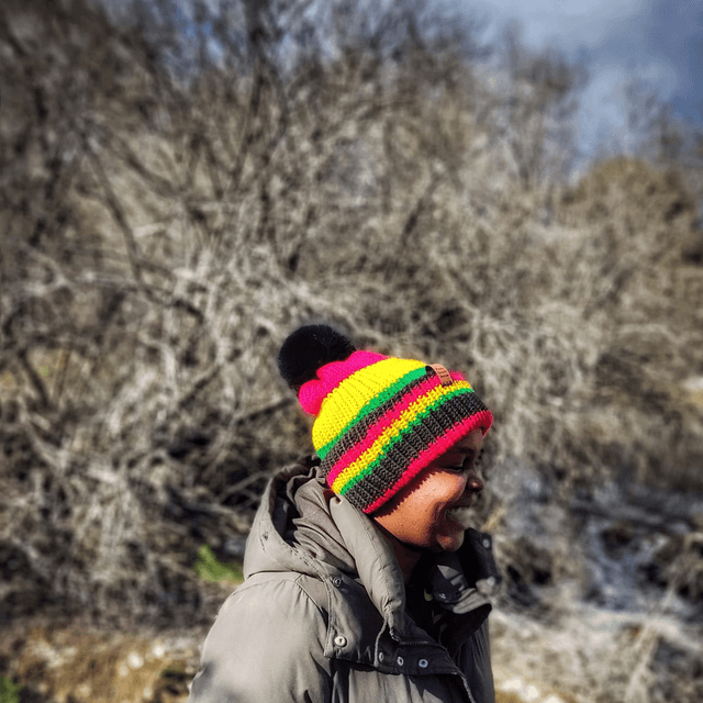 🔥 Funky Chunky Bobble Hat – Tropical Heat ~ Black, Red, Yellow & Green with Faux-Fur Pom – Handmade in Scotland