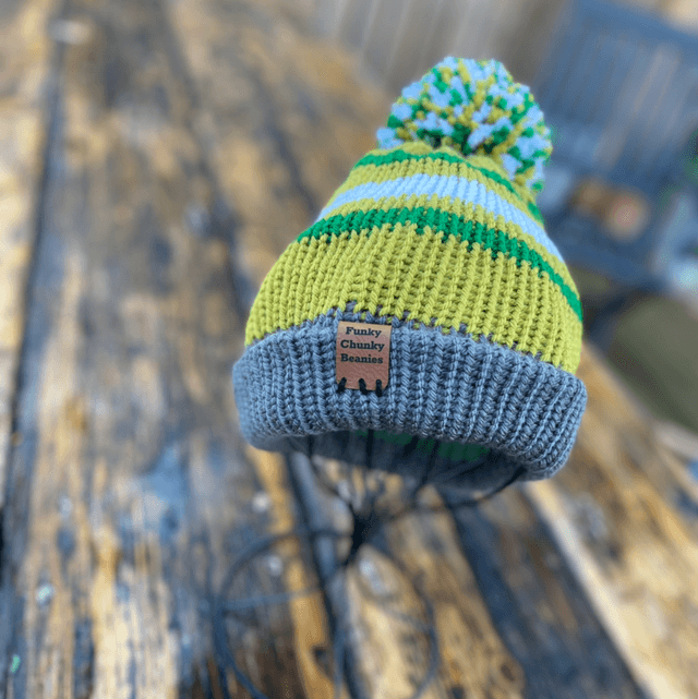 Tweenie beanie. Grey, white, green and lime 