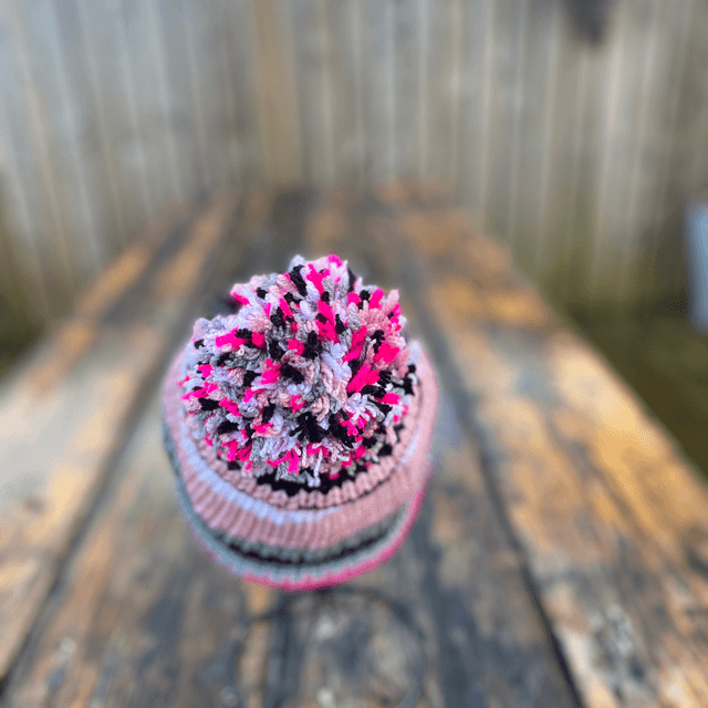 💕 Funky Chunky Bobble Hat – Dusky Rose & Grey Mist - Handmade in Scotland