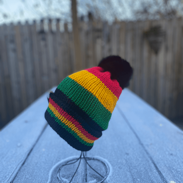 🔥 Funky Chunky Bobble Hat – Tropical Heat ~ Black, Red, Yellow & Green with Faux-Fur Pom – Handmade in Scotland