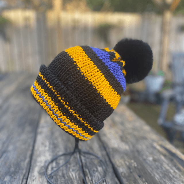 Funky Chunky Bobble Hat - Black, yellow & blue with detachable faux fur Pom - Handmade in Scotland