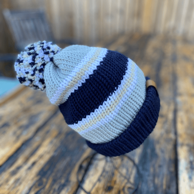 🌿 Funky Chunky Bobble Hat – Navy, Sage Green & Cream Stripe – Handmade in Scotland