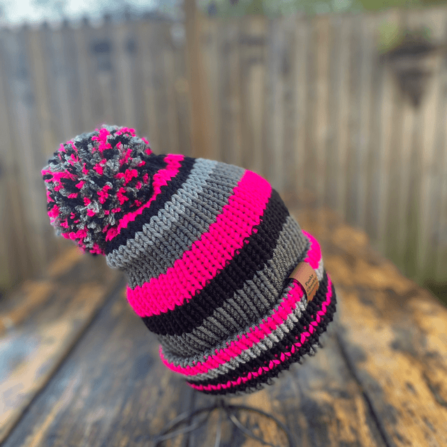 Funky Chunky Bobble hat – Hot Pink & Storm Grey - Handmade in Scotland