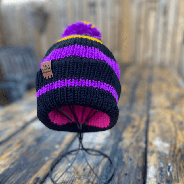 💜 Funky Chunky Bobble Hat – Purple, Black & Golden Yellow – Handmade in Scotland