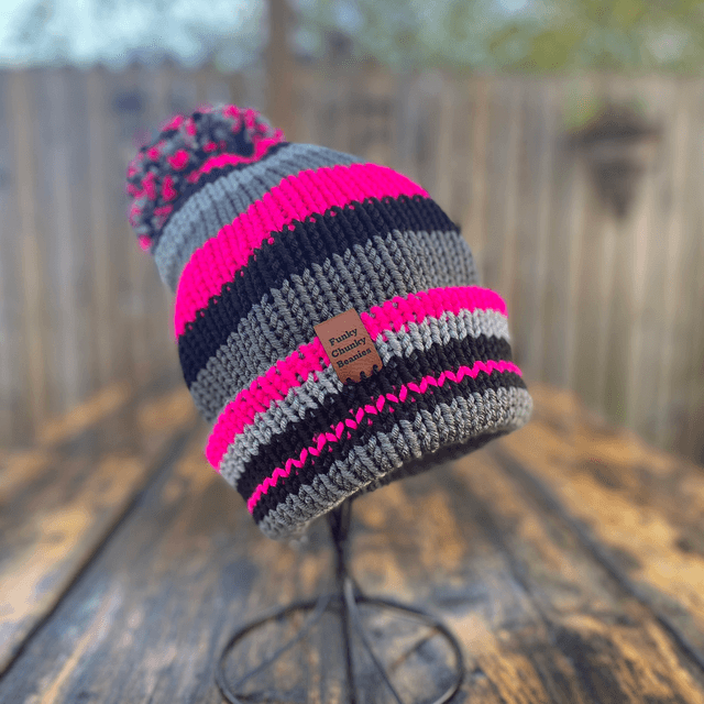 Funky Chunky Bobble hat – Hot Pink & Storm Grey - Handmade in Scotland