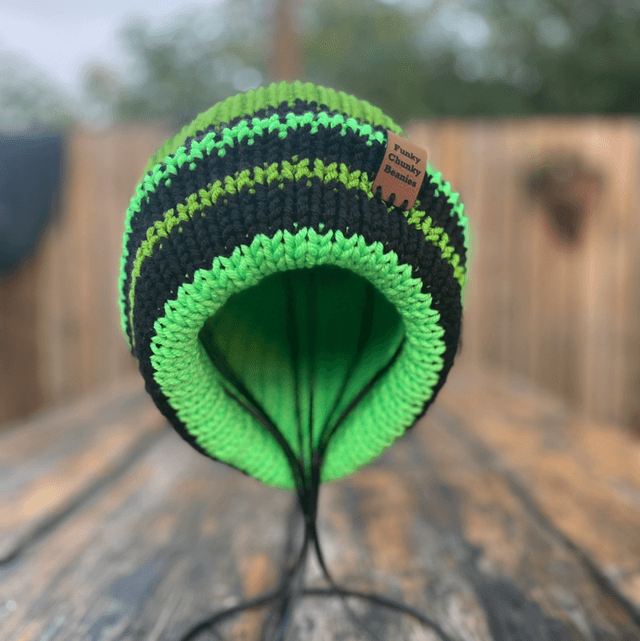 Funky Chunky Bobble Hat – Neon Green & Midnight Black - Handmade in Scotland
