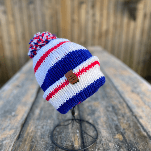 Funky Chunky Bobble Hat – Royal Red, White & Blue - Handmade in Scotland