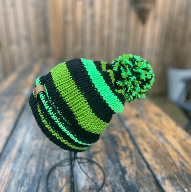 Funky Chunky Bobble Hat – Neon Green & Midnight Black - Handmade in Scotland