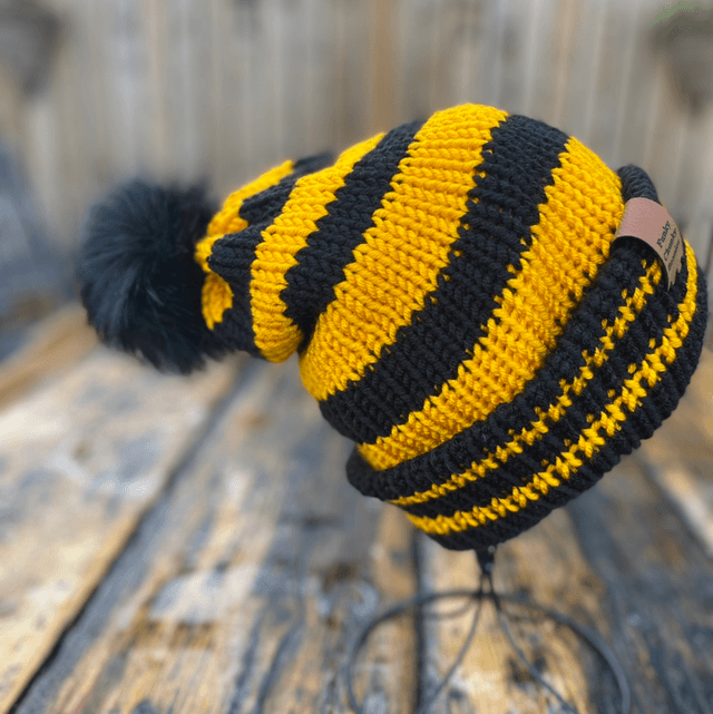 🐝 Funky Chunky Bobble Hat – Honeybee Yellow & Black Stripes with Removable Faux-Fur Pom – Handmade in Scotland