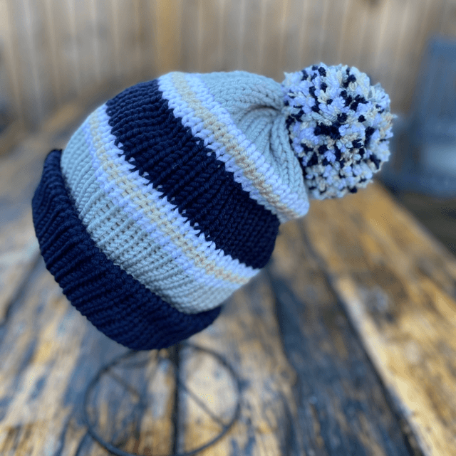 🌿 Funky Chunky Bobble Hat – Navy, Sage Green & Cream Stripe – Handmade in Scotland