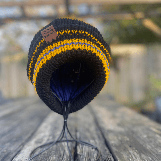 Funky Chunky Bobble Hat - Black, yellow & blue with detachable faux fur Pom - Handmade in Scotland