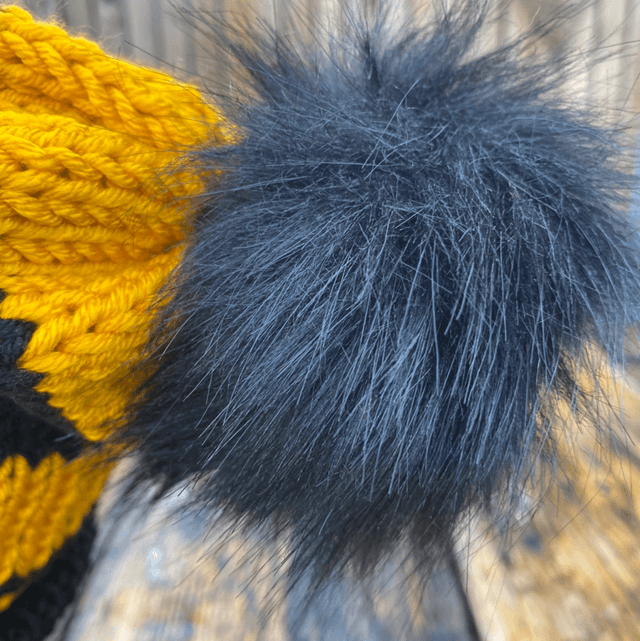 🐝 Funky Chunky Bobble Hat – Honeybee Yellow & Black Stripes with Removable Faux-Fur Pom – Handmade in Scotland