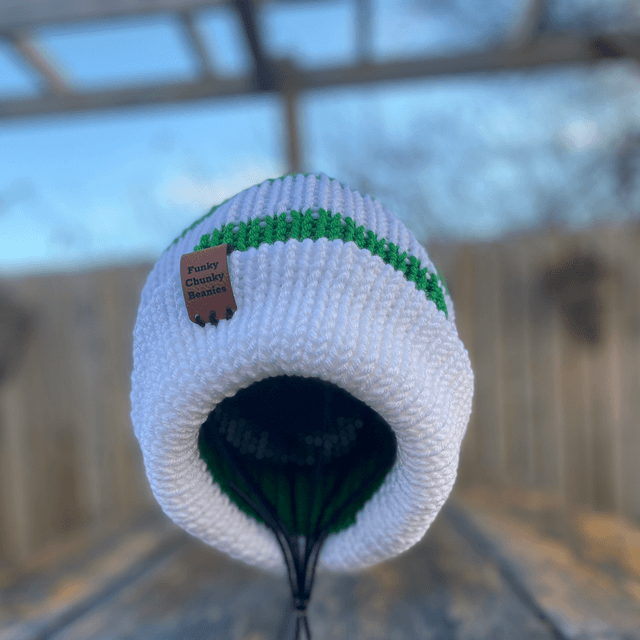 💚 Funky Chunky Bobble hat – Emerald & Snow White - Handmade in Scotland