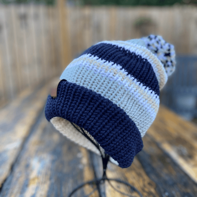 🌿 Funky Chunky Bobble Hat – Navy, Sage Green & Cream Stripe – Handmade in Scotland