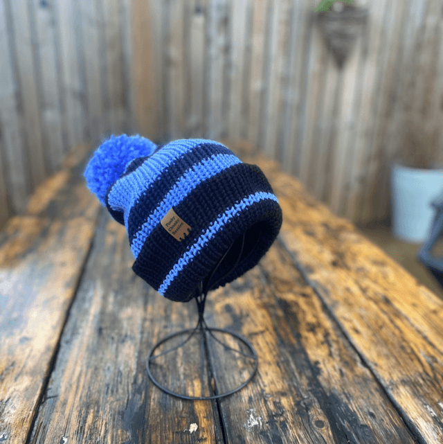 Funky Chunky Bobble Hat - Cornflower Blue & Black - Handmade in Scotland