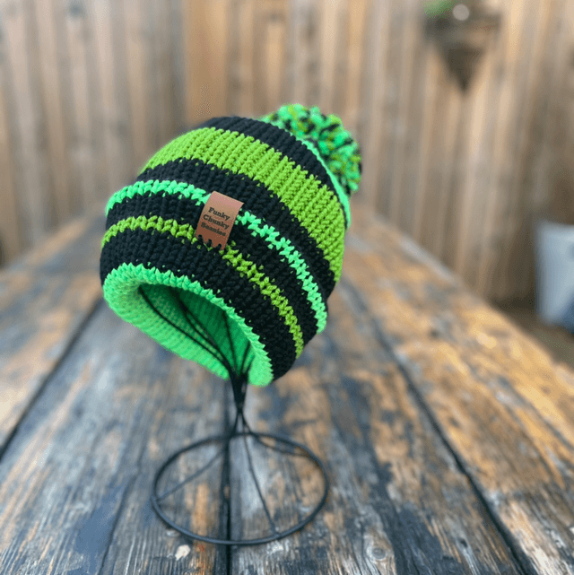 Funky Chunky Bobble Hat – Neon Green & Midnight Black - Handmade in Scotland