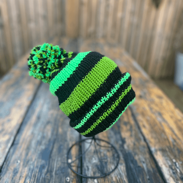 Funky Chunky Bobble Hat – Neon Green & Midnight Black - Handmade in Scotland