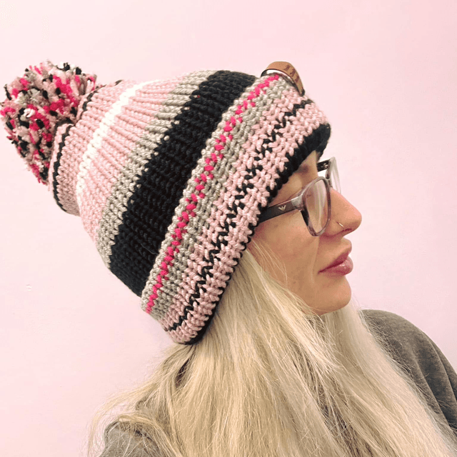 💕 Funky Chunky Bobble Hat – Dusky Rose & Grey Mist - Handmade in Scotland