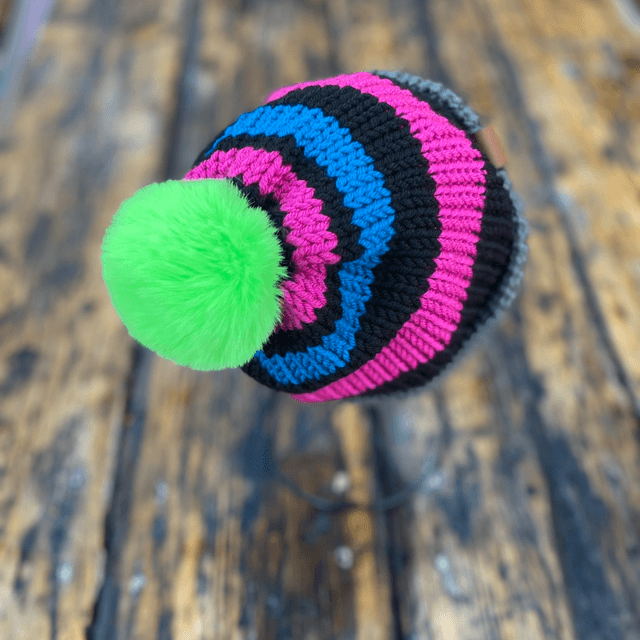 Tweenie beanie, 90’s revival. Lime green faux fur pom, pink and blue stripe