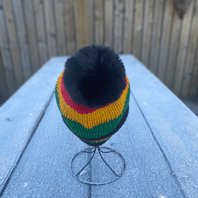 🔥 Funky Chunky Bobble Hat – Tropical Heat ~ Black, Red, Yellow & Green with Faux-Fur Pom – Handmade in Scotland