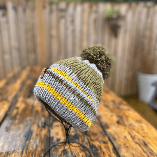🍂 Funky Chunky Bobble Hat – Khaki, Grey & Mustard Gold – Handmade in Scotland